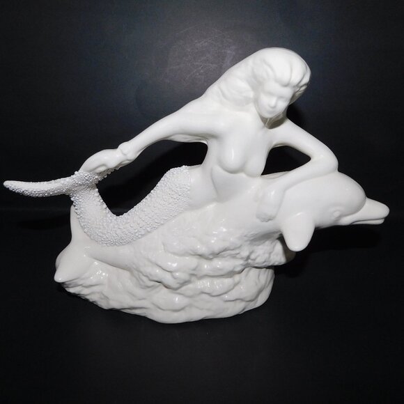 White Glazed Ceramic Mermaid Riding Dolphin Figurine Statue Home Decor - Picture 1 of 11